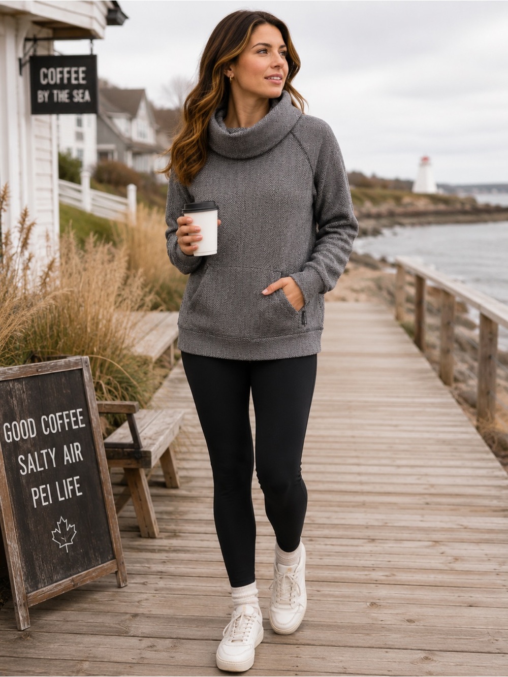 Roots Herringbone Cowl Neck Pullover Sweatshirt Medium Cotton Blend Cozy